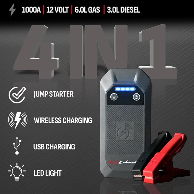 Schumacher Electric 12V Lithium Jump Starter & Power Pack - Portable 1000A Battery Jumper with 10W Wireless Charging, USBA/USBC Fast Charging & Multi-Mode LED Flashlight - 4-in-1 SL1672