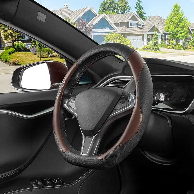SEG Direct D Shaped Steering Wheel Cover, Flat Bottom Car Wheel Cover 14 1/2-15 in. (37-39 cm), Black and Mocha Brown Microfiber Leather