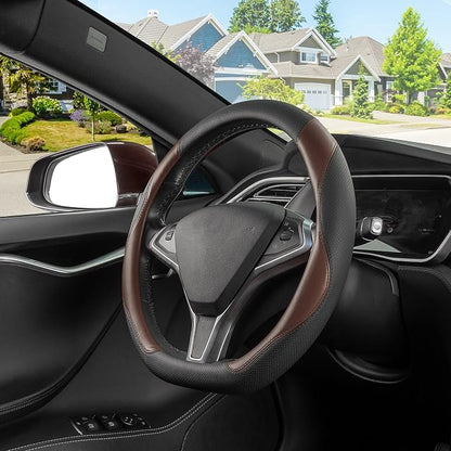 SEG Direct D Shaped Steering Wheel Cover, Flat Bottom Car Wheel Cover 14 1/2-15 in. (37-39 cm), Black and Mocha Brown Microfiber Leather