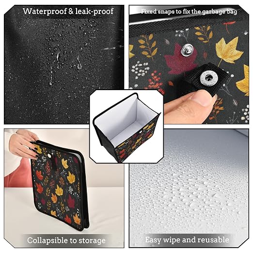 Car Trash Can Organizer Bin with Adjustable Strap for Back Front Seat Console Waterproof Leakproof Collapsible Portable 11 Inch Autumn Leaf Pattern Black
