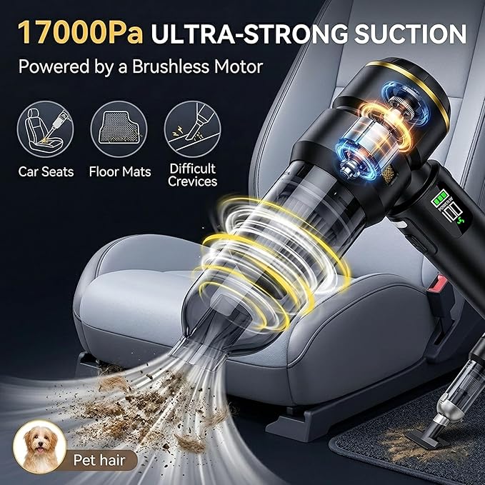 Handheld Car Vacuum Cleaner, 17000Pa High Power Cordless Vacuum Cleaner, 4-in-1 Portable Mini Air Duster, with LED Light and Multi-Nozzles, Vacuum for Car, Home, Office, Pet Hair