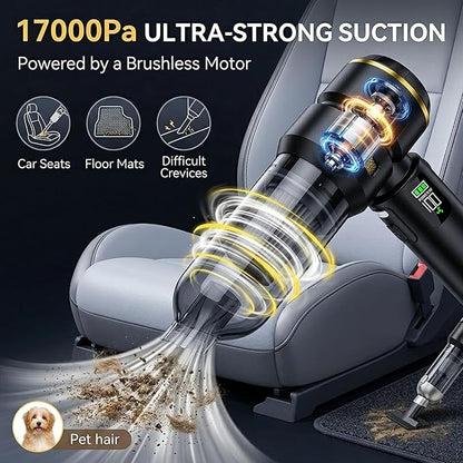 Handheld Car Vacuum Cleaner, 17000Pa High Power Cordless Vacuum Cleaner, 4-in-1 Portable Mini Air Duster, with LED Light and Multi-Nozzles, Vacuum for Car, Home, Office, Pet Hair