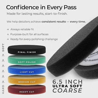 TCP Global 6.5" Black Final Finishing DA Grip Soft Foam Polish Pad - Hook & Loop Buffer Pads - Car Buffing Pads for Paint Correction, Detailing