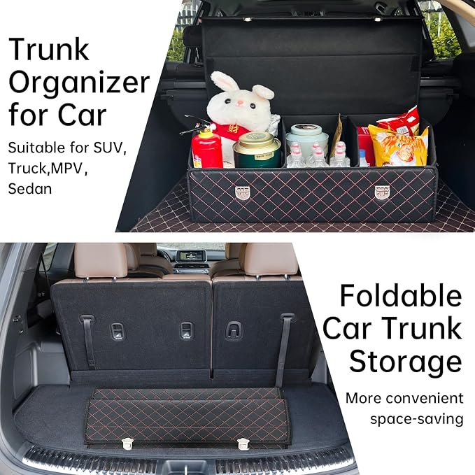 Car Trunk Organizer with Lid,Foldable Faux Leather Cargo Storage Box,3 Compartments,Collapsible Multi-Functional for SUV,Sedan,Vehicle Trunk