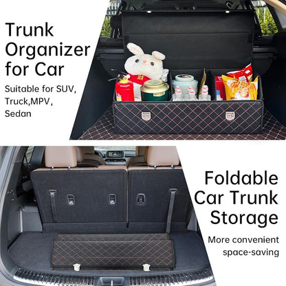 Car Trunk Organizer with Lid,Foldable Faux Leather Cargo Storage Box,3 Compartments,Collapsible Multi-Functional for SUV,Sedan,Vehicle Trunk