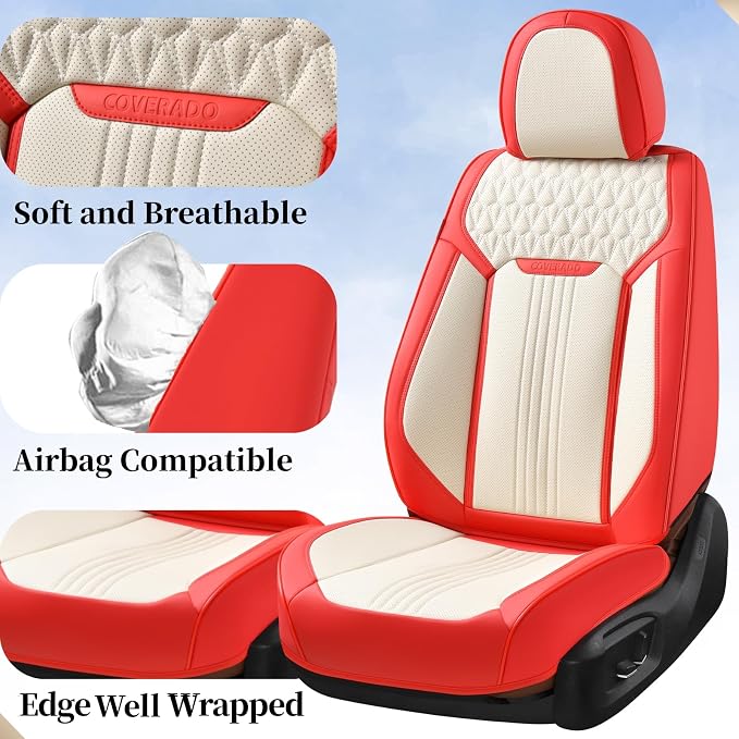 Coverado Car Seat Covers Full Set, Front and Rear Seat Covers, 5 Seats Leather Seat Covers for Cars, Waterproof Car Seat Protectors, Automotive Seat Cushions, Universal Fit for Most Cars, Red&White