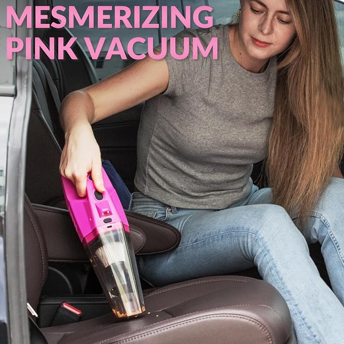 ThinkLearn Car Cleaning Kit, Car Corded Vacuum Detailing Kit Interior with High Power Handheld Vacuum, Including 7Pcs Detailing Brush Set, Windshield Cleaner, Pink Car Accessories for Women