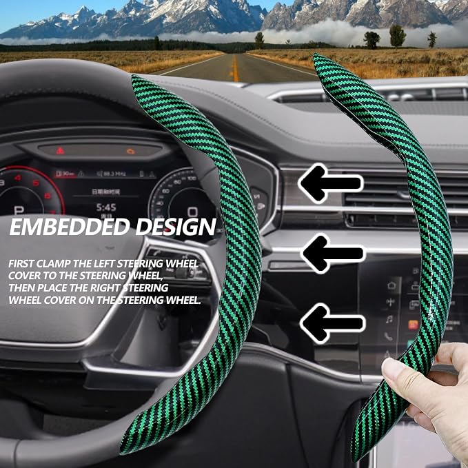 2pcs Universal Fit Carbon Fiber Steering Wheel Cover, Anti-Skid Steering Wheel Cover/Segmented Steering Wheel Protector/Car Interior Accessories (Bright Green)