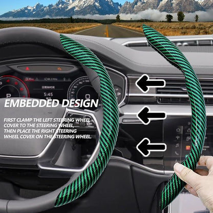 2pcs Universal Fit Carbon Fiber Steering Wheel Cover, Anti-Skid Steering Wheel Cover/Segmented Steering Wheel Protector/Car Interior Accessories (Bright Green)