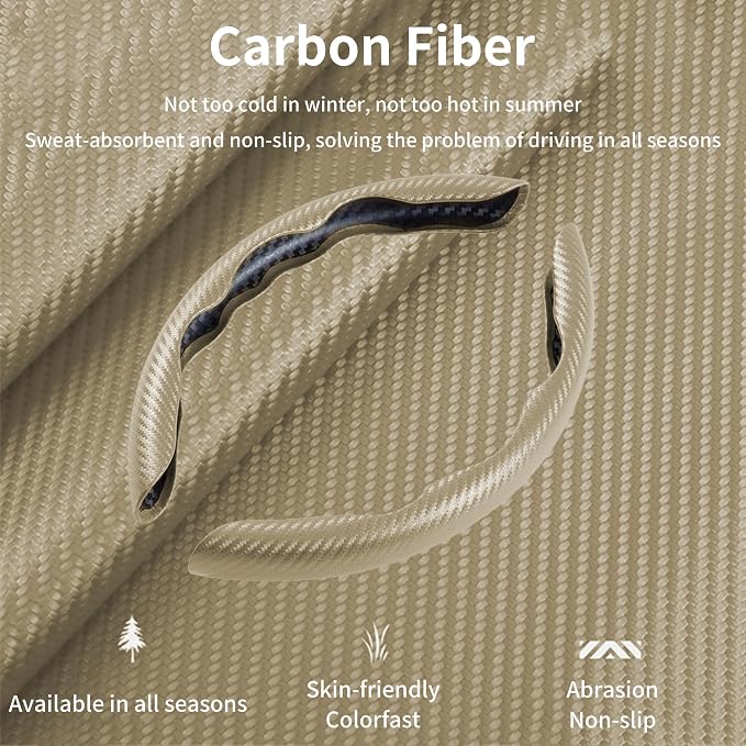 Carbon Fiber Steering Wheel Cover, 2-Piece Set Anti-Skid Comfortable Grip Segmented Butterfly Design, Easy Snap-On Installation Universal Fit 99% Cars, Beige