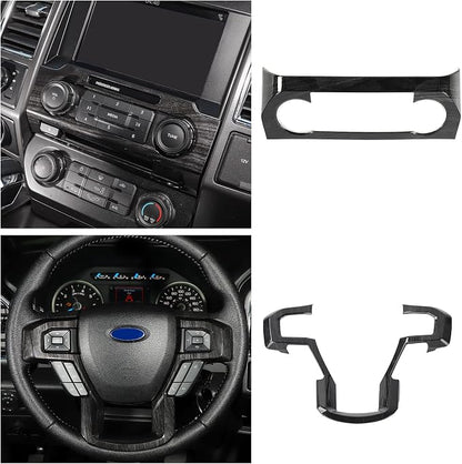 JeCar 11PCS Interior Decoration Trim Kit for Ford F150 2015-2020 Steering Wheel & Center Console Trim Dashboard & Rear Air Conditioner Vent Cover (Black Wood Grain)