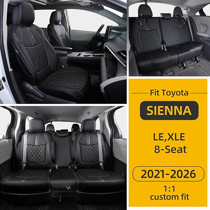 Custom Fit Sienna Seat Covers for 2021-2026 Toyota Sienna LE XLE 8-Passenger, Waterproof Faux Leather Full Set Airbag Compatible 3-Row Car Seat Protectors (Black)