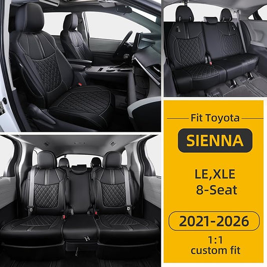 Custom Fit Sienna Seat Covers for 2021-2026 Toyota Sienna LE XLE 8-Passenger, Waterproof Faux Leather Full Set Airbag Compatible 3-Row Car Seat Protectors (Black)