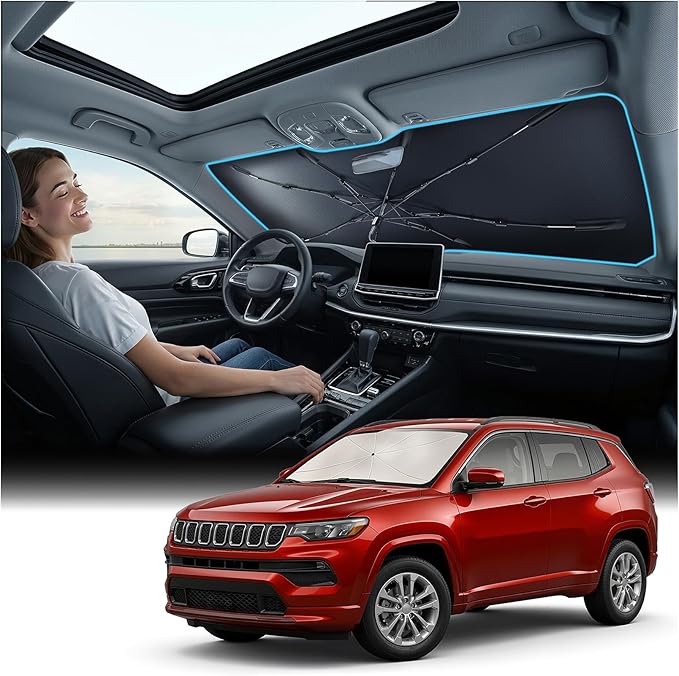 Nmoiss [Vinyl Coating Heat Shield] Windshield Sun Shade Umbrella Custom for Jeep Compass 2017-2025, Block 99% UV Rays & Protect Interior Dashboard & Seats, Compass Accessories