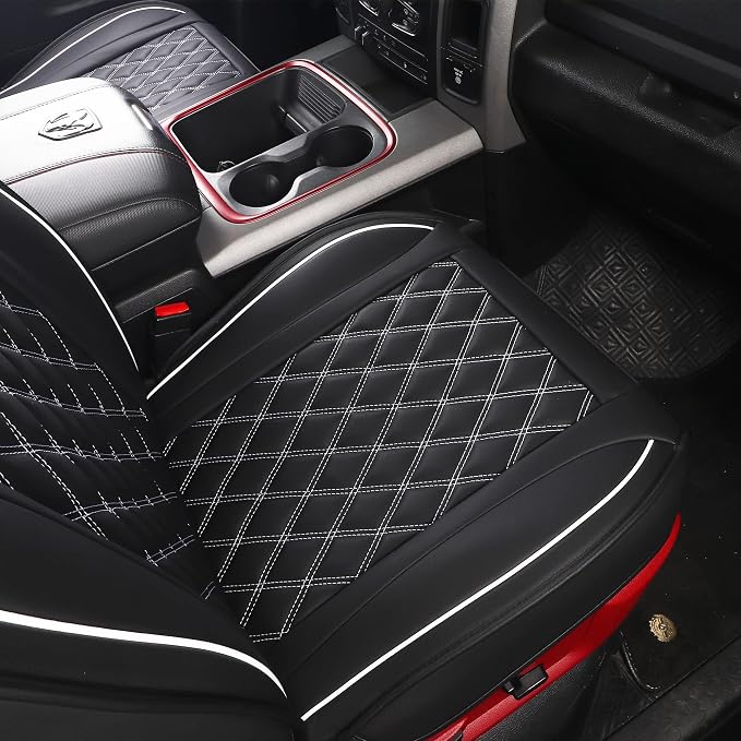 JOJOBAY Car Seat Covers for Dodge Ram,Fit 2009-2025 1500/2500/3500 HD Pick-up Truck,Crew,Regular,Quad,Mega Cab,Waterproof Synthetic Leather Seat Covers(2PCS-Front,Black-White)
