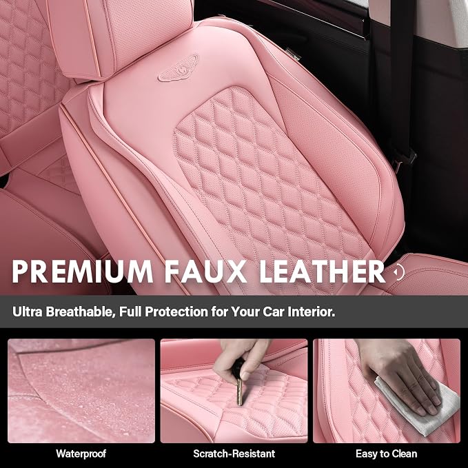 Coverado Front Seat Covers, Luxury Faux Leather Breathable Waterproof Protectors, Universal Fit for Cars, SUVs, Trucks, Durable Car Seat Protectors, Waterproof Car Cushions – Pink