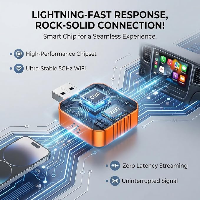 2026 Wireless CarPlay Adapter, Upgraded Wired to Wireless, Supports CarPlay & Android Auto, Plug and Play, Fast Auto Reconnect, Stable Contrl, Zero Lag, Heat Dissipation, Noiseless Car Use