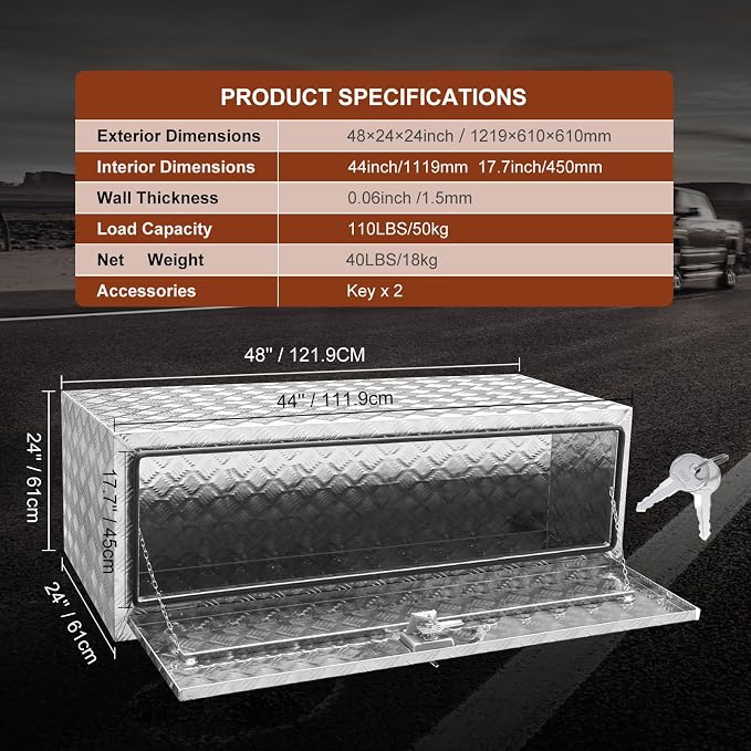 VEVOR Underbody Truck Box, 48"×24"×24" Pickup Storage Box, Heavy Duty Aluminum Diamond Plate Tool Box with Lock and Keys, Waterproof Trailer Storage Box with T-Handle Latch for Truck, Van, Trailer