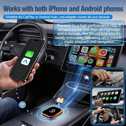 2-in-1 Wireless CarPlay & Android Auto Adapter - Upgraded Car Play Mini Wired to Wireless Adapter | Plug & Play, Stable Connection No Latency for iPhone＆Android,Orange