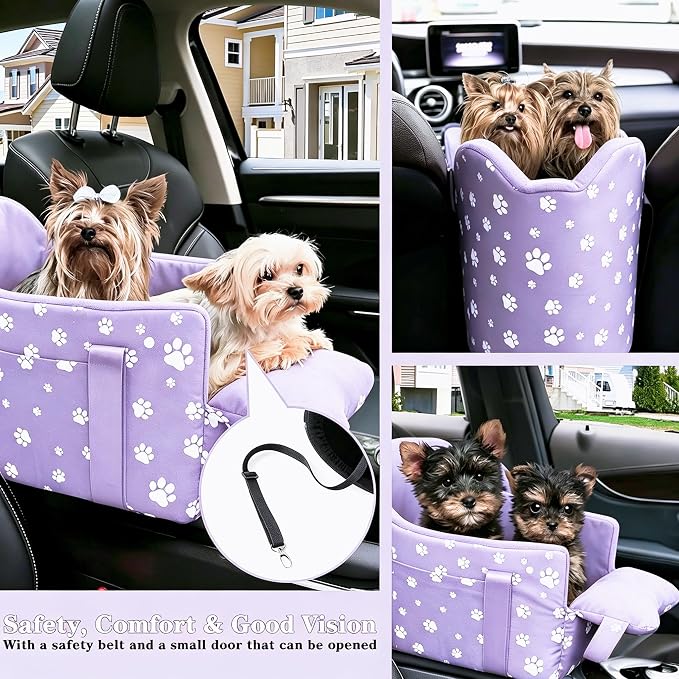 Center Console Dog Car Seat for Medium Dogs - Portable Dogs Armrest Booster Seat, Anti-Collapse Pet Car Seat with Soft Cushion Safety Belt, Support Pet Up to 21lbs (Purple)