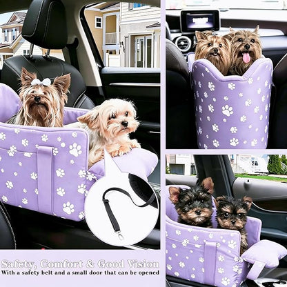 Center Console Dog Car Seat for Medium Dogs - Portable Dogs Armrest Booster Seat, Anti-Collapse Pet Car Seat with Soft Cushion Safety Belt, Support Pet Up to 21lbs (Purple)