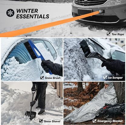Car Emergency Safety Kit Bag with Digital Air Compressor,Jumper Cables,First Aid Kit, Winter Vehicle Roadside Safety Kit with Detachable Snow Shovel, for Women, Men, Teen