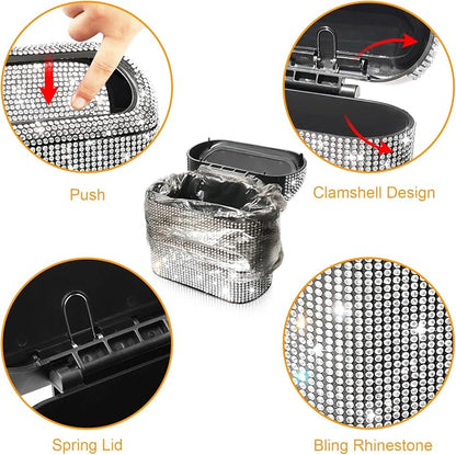 Accmor Bling Car Trash Can with 30pcs Garbage Bags, Vehicle Trash Bin with Lid Auto Dustbin Organizer Garbage Storage, Sparkling Crystal Mini Trash Container Holder