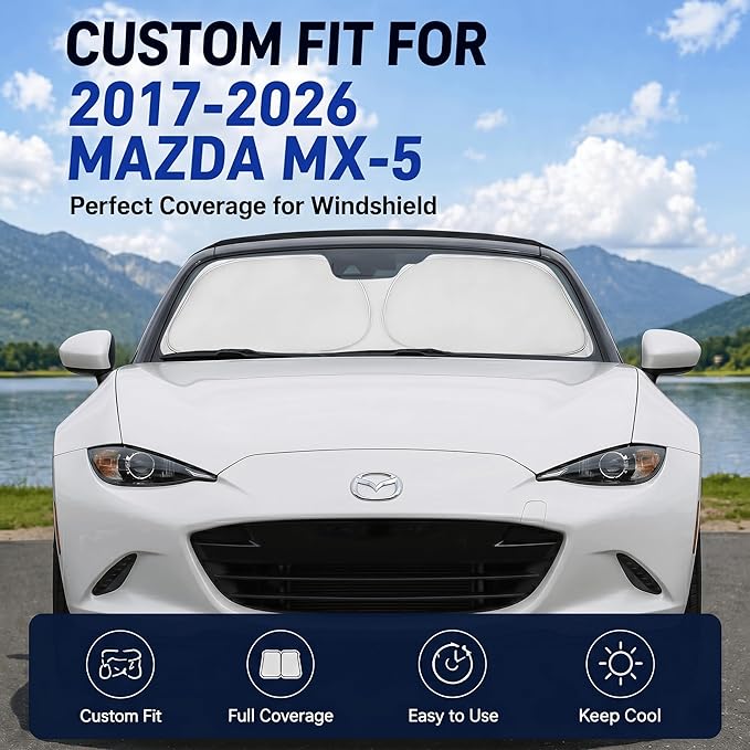 Custom Fit Windshield Sun Shade for Mazda MX-5 Miata Convertible 2016-2026 | Custom Fit Windshield Cover, Blocks UV Rays, Double-Layer Heat Shield, Durable Frame, Easy Fold & Storage