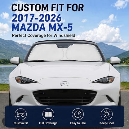 Custom Fit Windshield Sun Shade for Mazda MX-5 Miata Convertible 2016-2026 | Custom Fit Windshield Cover, Blocks UV Rays, Double-Layer Heat Shield, Durable Frame, Easy Fold & Storage