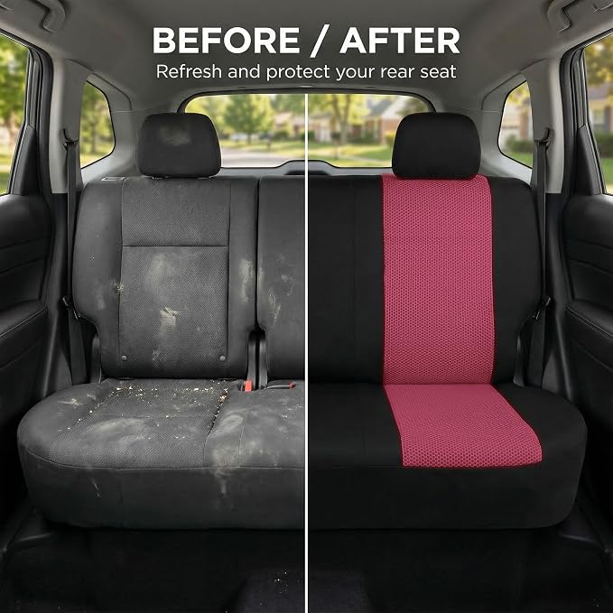 FH Group Automotive Rear Car Seat Covers for SUV, Trucks, Sedan and More - Universal Fit Rear Solid Bench Design Interior Accessories - 3D Mesh Fabric Center Panel - Burgundy