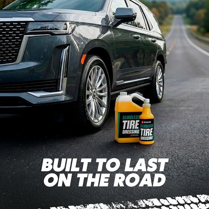 Briggs Slingless Tire Dressing – High Gloss Tire Shine Spray, Sling-Free Wet Look Finish for Tires, Rubber Moldings & Exterior Trim, Solvent-Based Formula – 128oz