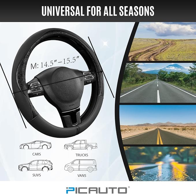 PIC AUTO Steering Wheel Cover, Black Patterned Leather Patchwork Design, Universal Fit 14.5"–15.5", Anti-Slip, Odor-Free, Soft PU Grain Leather, Durable Grip Car Accessory for Girls & Women