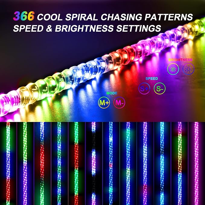 Ehaho 1 Pack 3FT Whip Lights,LED Whip Light with App & Remote Control, Spiral RGB Chasing Lighted Whips with Rocker Switch, Music Whip Light for UTV ATV Polaris RZR Can-Am SXS Truck