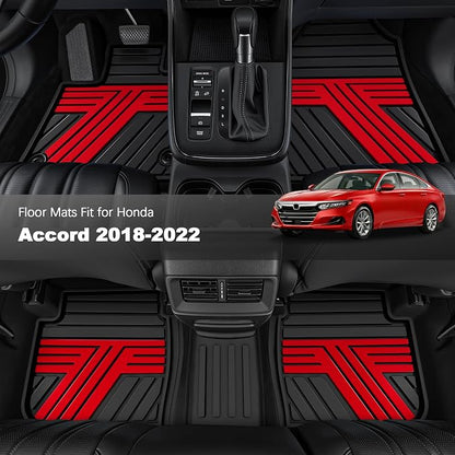 Floor Mats Fit for 10th Gen Honda Accord 2022 2021 2020 2019 2018 Sedan (Gasoline & Hybrid), All Weather Rubber Custom Fit Anti-Slip Floor Liners,1st & 2nd Row, Black & Red