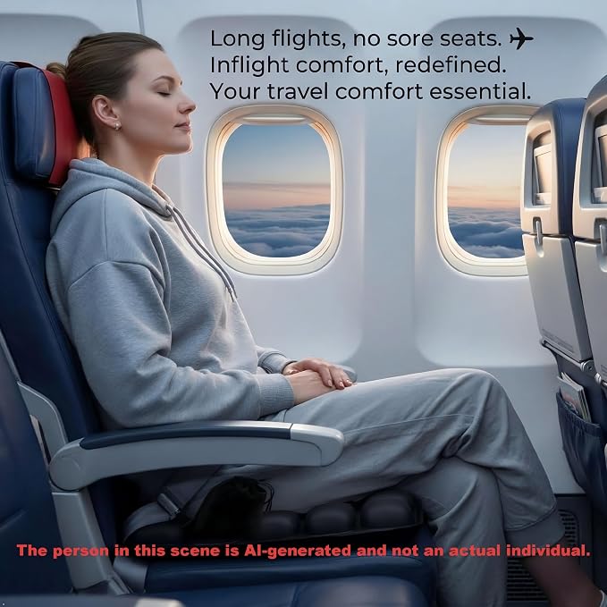 Inflatable Seat Cushion – Breathable, Pressure-Relieving Air Cushion, No Pump Needed, Ideal for Airplane Travel, Office, Car, Wheelchair & Camping – Lightweight, Foldable & Portable (Black)