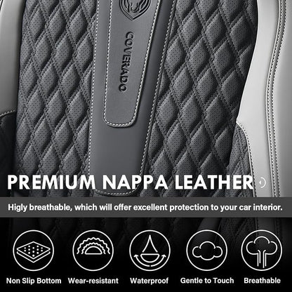 Coverado Front Seat Covers, Nappa Leather Seat Covers for Cars, Waterproof Seat Covers with Lumbar Support Universal Fit for Most Cars SUV Trucks (Front, Black-Gray)