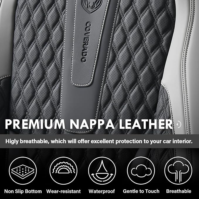 Coverado Car Seat Covers Full Set, Nappa Leather Seat Covers, Waterproof Car Seat Protector with Lumbar Support, Automotive Seat Covers Universal Fit for Most Cars SUV Trucks (Black-Gray)