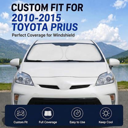 Custom Fit Windshield Sun Shade for Toyota Prius 2010-2015 | Custom Fit Windshield Cover, Blocks UV Rays, Double-Layer Heat Shield, Durable Frame, Easy Fold & Storage