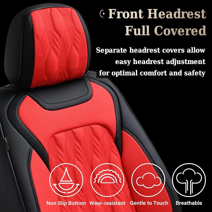 Coverado Car Seat Cover Full Set, Luxury Leather Seat Covers for Front and Rear, Waterproof Seat Covers 5 Seats, Car Seat Protectors Driver Seat Cushions Universal for Most Vehicles, Red