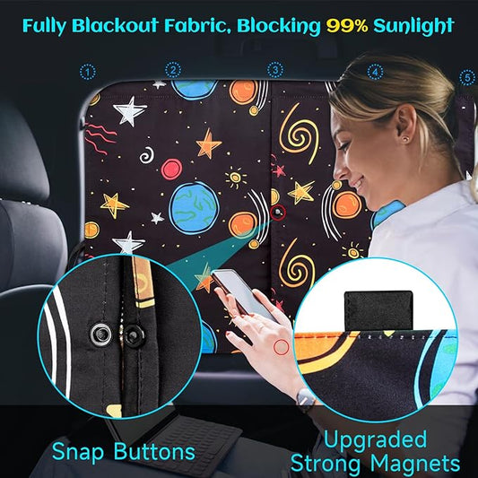 Car Window Shades, 2 Packs Magnetic Car Sun Shades for Baby, 2 Layers for Blackout/See Through Options Colorful Starry Pattern Side Window Curtain for Kids Heat/UV Blocker