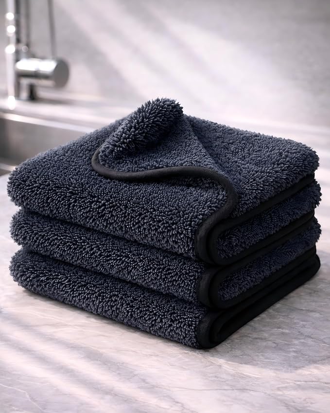 3 Pack Clay Towel Auto Detailing, Shiny Wipes Shower Cleaning Cloths, Dual-Layer 11.8 x 11.8 in Black Towel Mitt for Paint, Glass, Metal & Plastic Microfiber Towel for Bathroom, Car