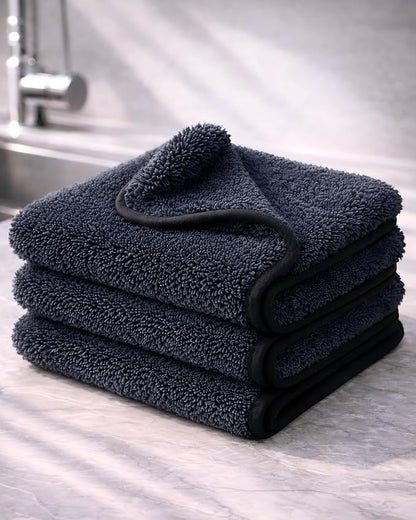 3 Pack Clay Towel Auto Detailing, Shiny Wipes Shower Cleaning Cloths, Dual-Layer 11.8 x 11.8 in Black Towel Mitt for Paint, Glass, Metal & Plastic Microfiber Towel for Bathroom, Car