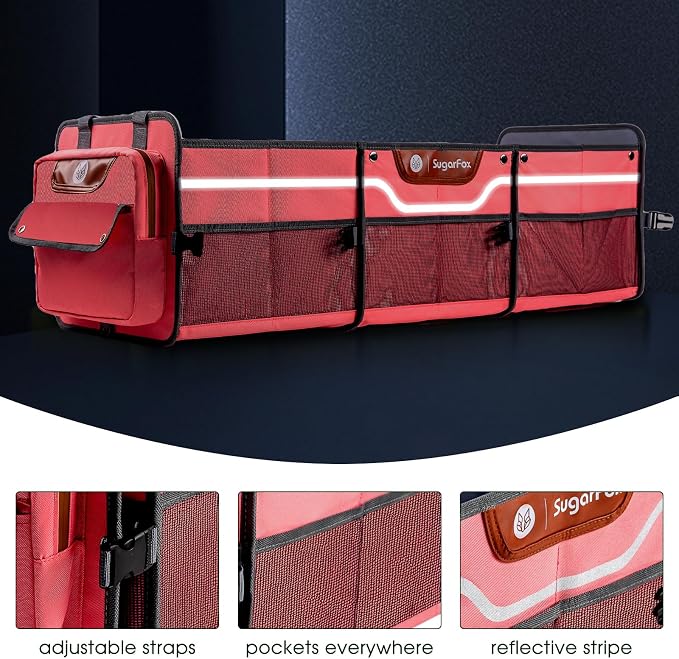 SugarFox Car Trunk Organizer for SUV, Heavy Duty Waterproof Trunk Organizer, Foldable Collapsible Car Organizer with Cooler, Multi-Compartment Large Trunk Organizer (95L), Pink-M003
