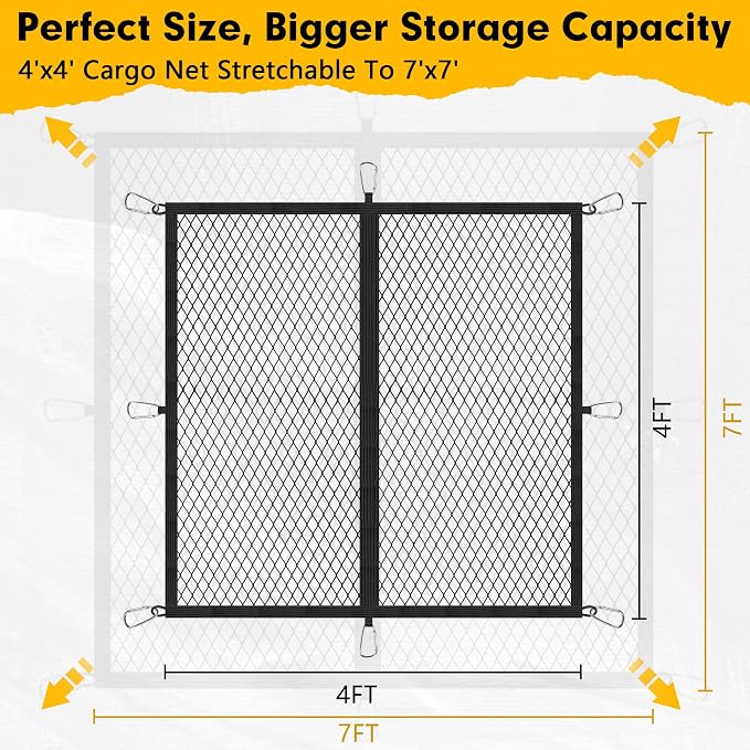 Cargo Net for Pickup Truck Bed 4'×4' Stretches to 7'×7', Highly Elastic Truck Bed Net with Fine Mesh & 8 Strong Metal Carabiners, Easy to Install Cargo Netting for Vehicles, Trailers, Boats