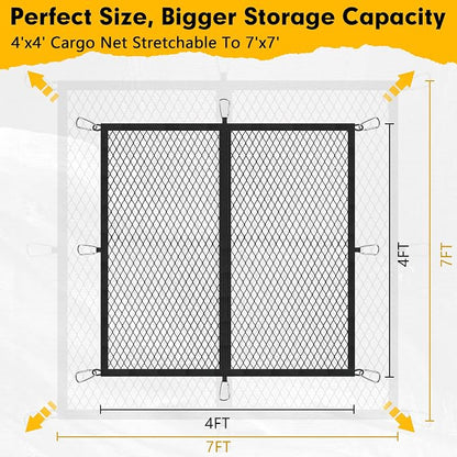 Cargo Net for Pickup Truck Bed 4'×4' Stretches to 7'×7', Highly Elastic Truck Bed Net with Fine Mesh & 8 Strong Metal Carabiners, Easy to Install Cargo Netting for Vehicles, Trailers, Boats