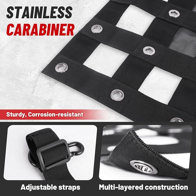 StarknightMT Cargo Net with Adjustable Straps Compatible with Truck Pickup UTV Polaris Ranger General Can-am Defender Commander Kawasaki Mule CFmoto UForce 45.7 * 27.2 inch Black Nylon