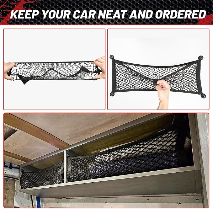 RED WOLF 2 Pcs Universal Cargo Net Pocket Elastic Mesh Netting Car Mesh Pouch for Trunk RV Boats Home Cargo Storage Mesh with Screws and Hooks (25.6'' x 9.8'')