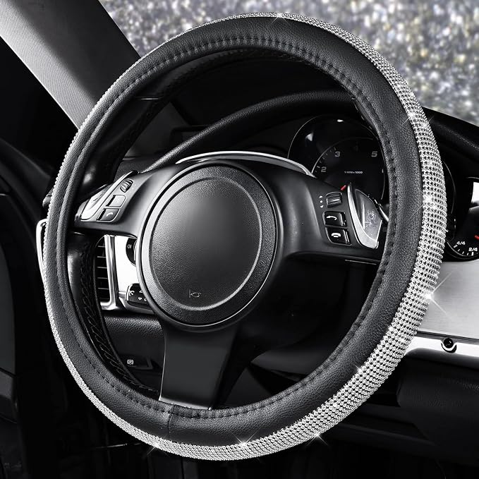 CAR PASS Bling Diamond Leather Steering Wheel Cover, with Bling Sparkly Crystal Glitter Rhinestones Universal Fit 14.5in-15in Car Wheel Protector for Women Girl Fit Suvs,Vans,Sedans,Car,Trucks, Silver