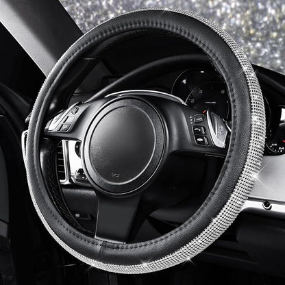 CAR PASS Bling Diamond Leather Steering Wheel Cover, with Bling Sparkly Crystal Glitter Rhinestones Universal Fit 14.5in-15in Car Wheel Protector for Women Girl Fit Suvs,Vans,Sedans,Car,Trucks, Silver