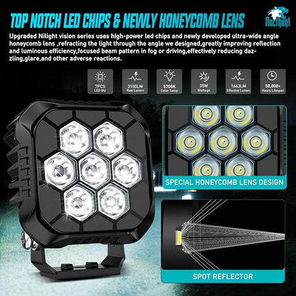 Nilight LED Pod Light 2 PCS 3.8 Inch 35 W 7 LED Square Hyper Spot Beam Offroad Driving Lights w/16 AWG Rocker Switch Wiring Harness Kit for Truck Motorbike Boat ATV UTV